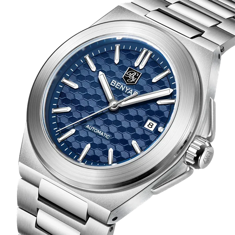 BENYAR BY-5219M automatic watch exhibition caseback showing skeleton movement and brand engraving