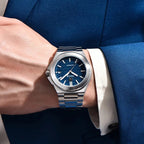 BENYAR BY-5219M automatic watch with blue textured dial and integrated steel bracelet side profile