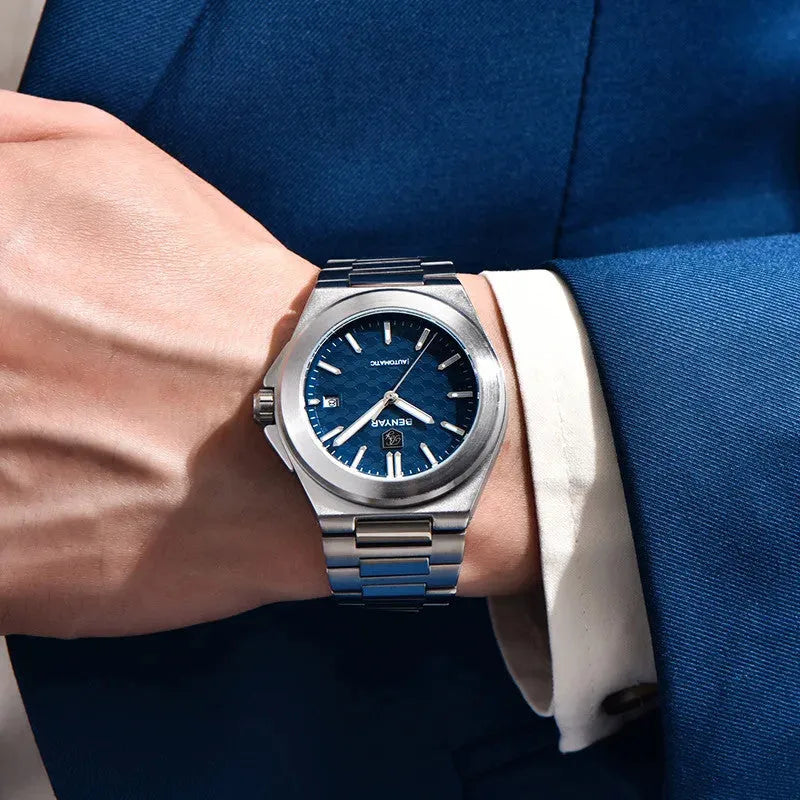 BENYAR BY-5219M automatic watch with blue textured dial and integrated steel bracelet side profile
