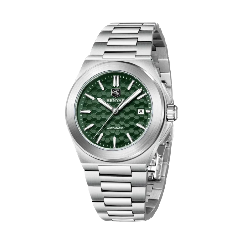BENYAR BY-5219M automatic sports watch with green textured dial and steel bracelet front view