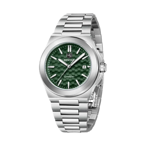 BENYAR BY-5219M automatic sports watch with green textured dial and steel bracelet front view