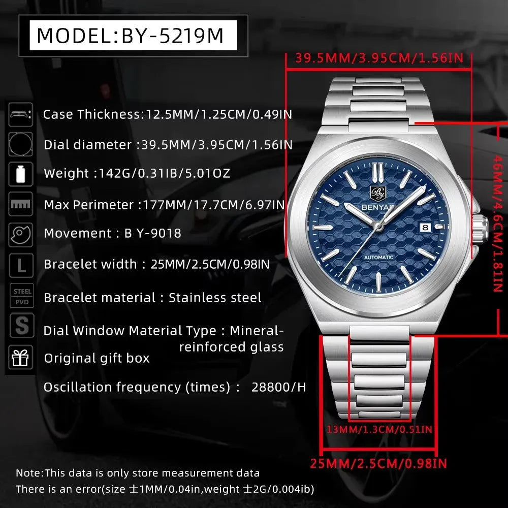 BENYAR BY-5219M automatic watch specifications graphic with dimensions and movement details