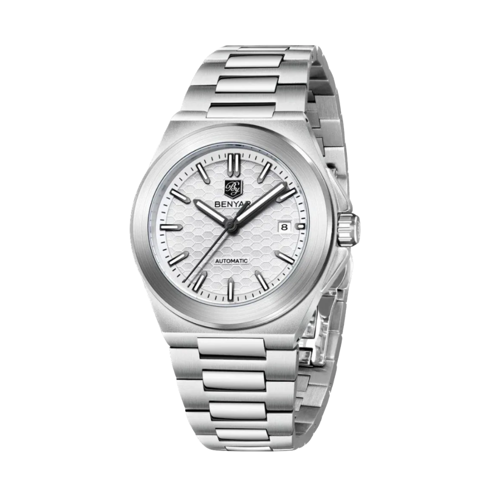 BENYAR BY-5219M automatic sports watch with white dial and steel bracelet front view