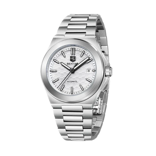 BENYAR BY-5219M automatic sports watch with white dial and steel bracelet front view