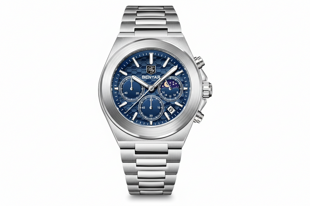 BENYAR BY-5220 Multi Functional Men's Quartz Chronograph Watch with blue dial, side view