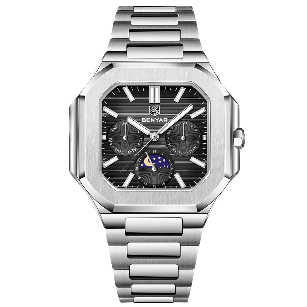 BENYAR BY-5221 Square Moonphase Men's Quartz Watch with black dial