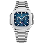 BENYAR BY-5221 square moonphase quartz watch with blue dial and steel bracelet front view