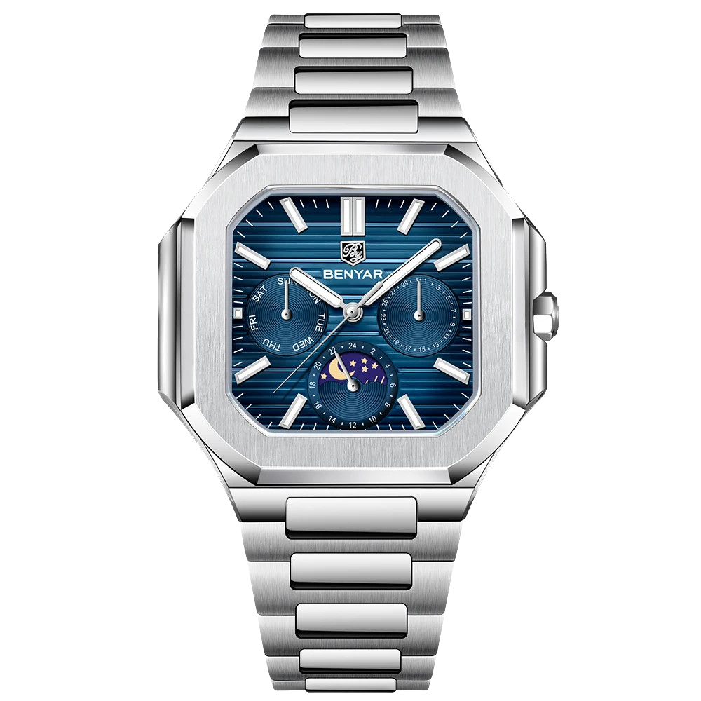 BENYAR BY-5221 square moonphase quartz watch with blue dial and steel bracelet front view