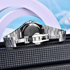 BENYAR BY-5221 square moonphase watch caseback and folding bracelet clasp closeup with brand engraving