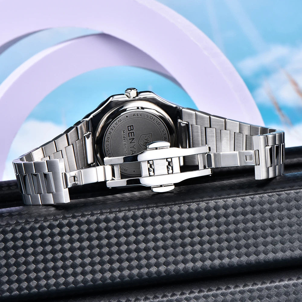 BENYAR BY-5221 square moonphase watch caseback and folding bracelet clasp closeup with brand engraving