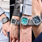 BENYAR BY-5221 square moonphase watch four color variants white black turquoise and blue worn on wrists