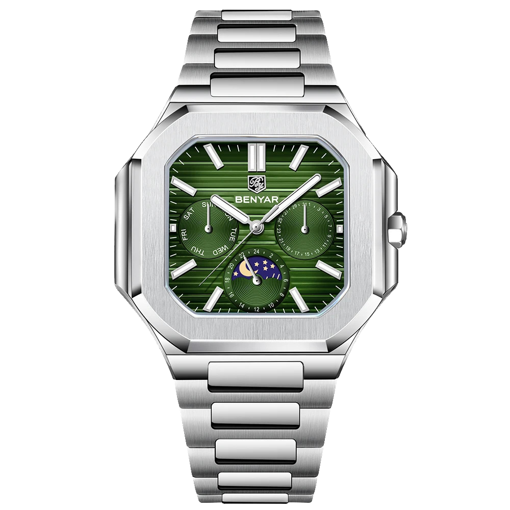 BENYAR BY-5221 Square Moonphase Men's Quartz Watch with green dial