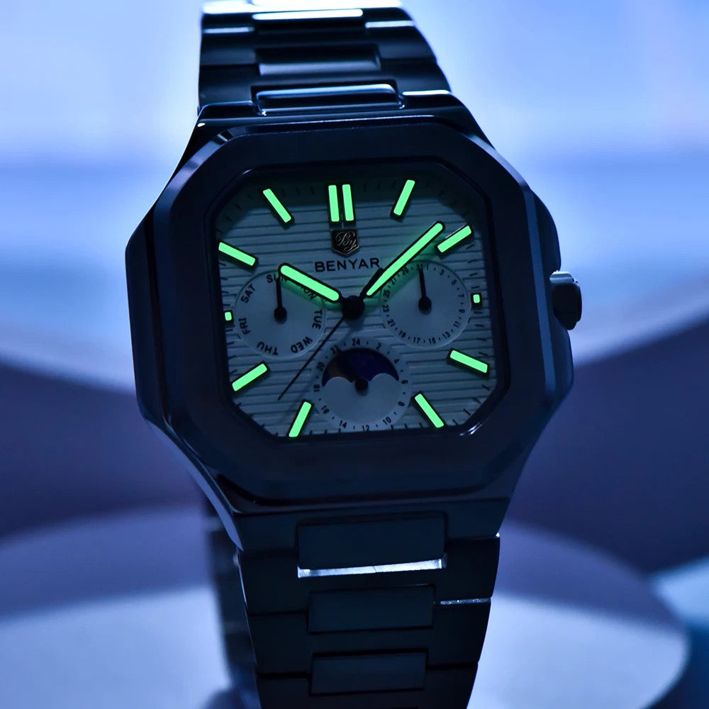 BENYAR BY-5221 square moonphase quartz watch with glowing green lume markers in low light