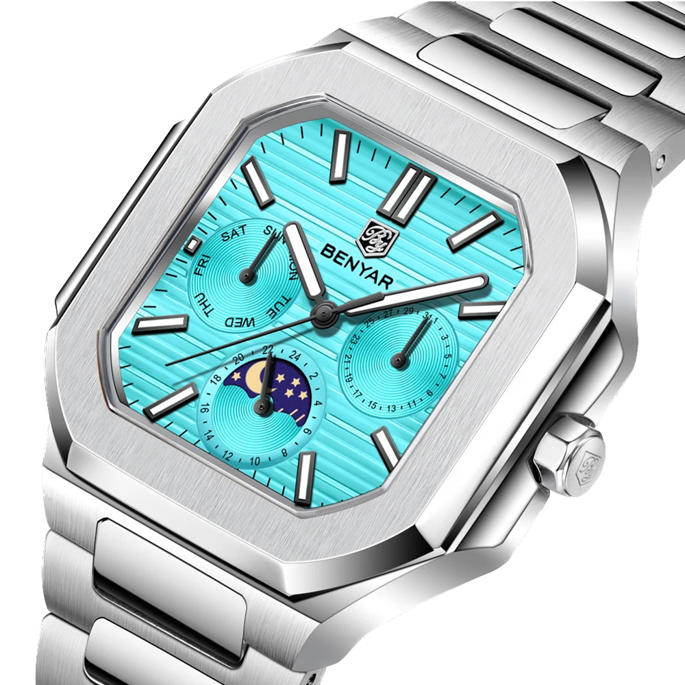 BENYAR BY-5221 square moonphase quartz watch with sky blue dial angled view