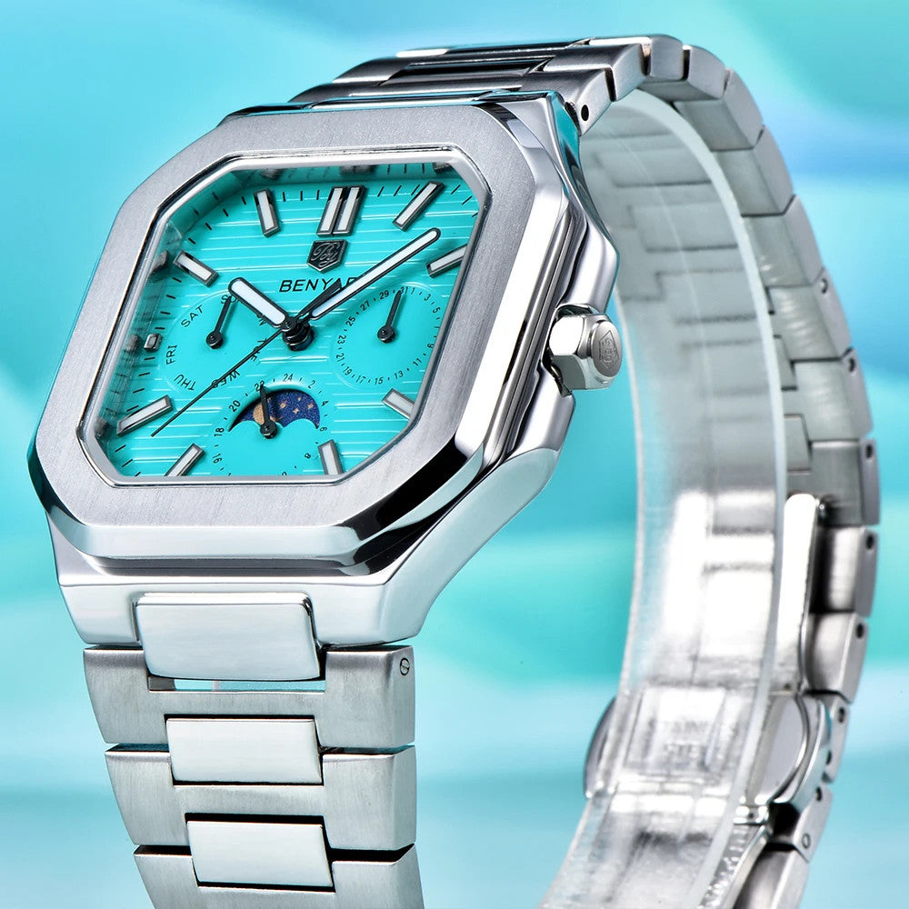 BENYAR BY-5221 square moonphase quartz watch closeup detail with sky blue dial and subdials
