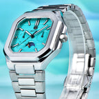 BENYAR BY-5221 square moonphase quartz watch closeup detail with sky blue dial and subdials