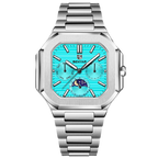 BENYAR BY-5221 square moonphase quartz watch with sky blue dial and steel bracelet front view