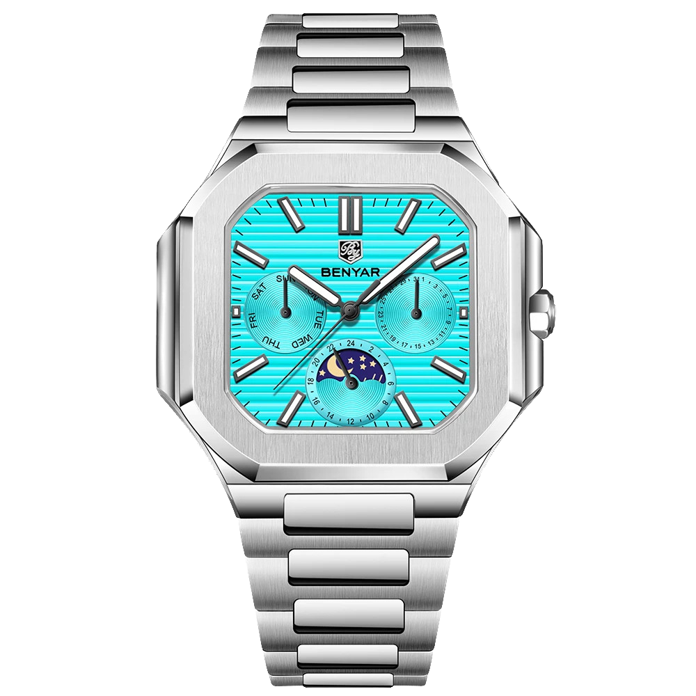 BENYAR BY-5221 square moonphase quartz watch with sky blue dial and steel bracelet front view