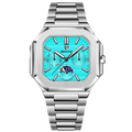 BENYAR BY-5221 square moonphase quartz watch with sky blue dial and steel bracelet front view