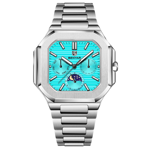 BENYAR BY-5221 square moonphase quartz watch with sky blue dial and steel bracelet front view