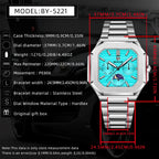 BENYAR BY-5221 square moonphase watch specifications graphic with dimensions and movement details
