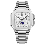 BENYAR BY-5221 square moonphase quartz watch with white dial and steel bracelet front view