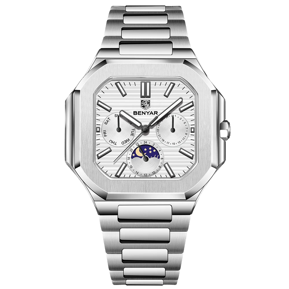 BENYAR BY-5221 square moonphase quartz watch with white dial and steel bracelet front view