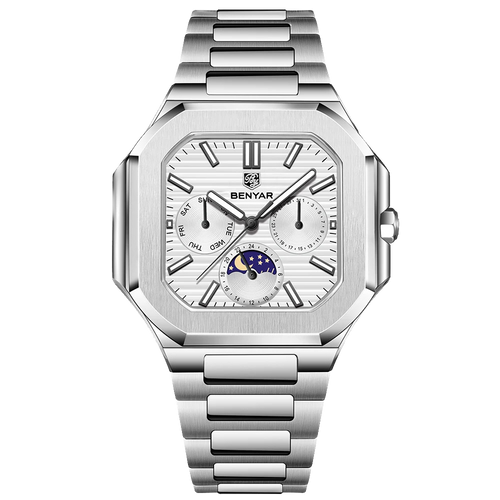 BENYAR BY-5221 square moonphase quartz watch with white dial and steel bracelet front view