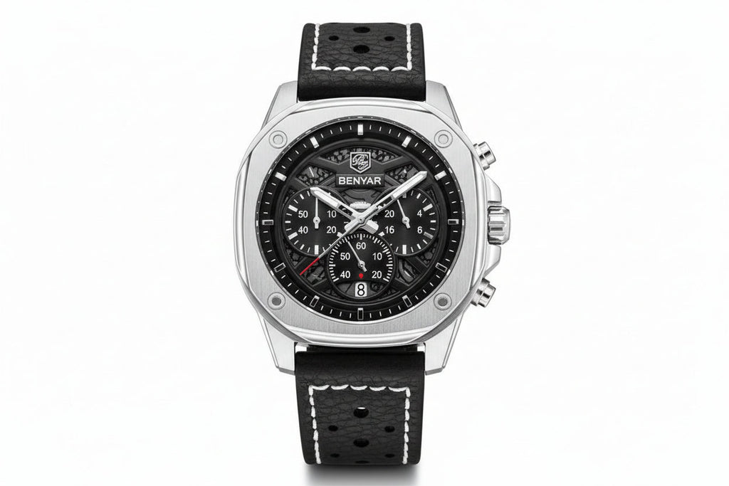 BENYAR BY-5222 retro quartz chronograph watch with black skeleton dial and black leather strap