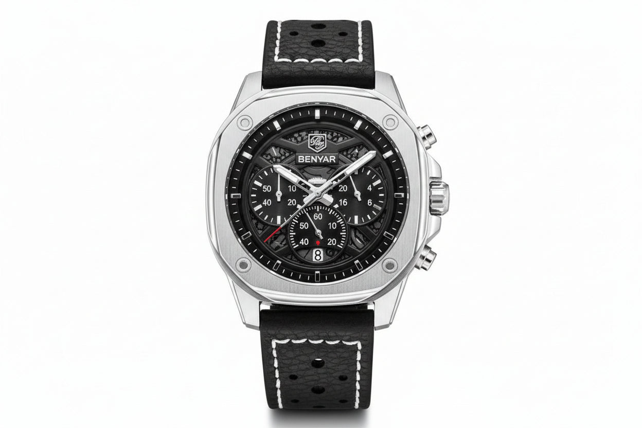 BENYAR BY-5222 retro quartz chronograph watch with black skeleton dial and black leather strap