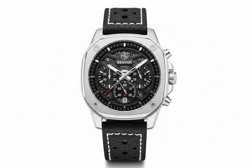 BENYAR BY-5222 retro quartz chronograph watch with black skeleton dial and black leather strap