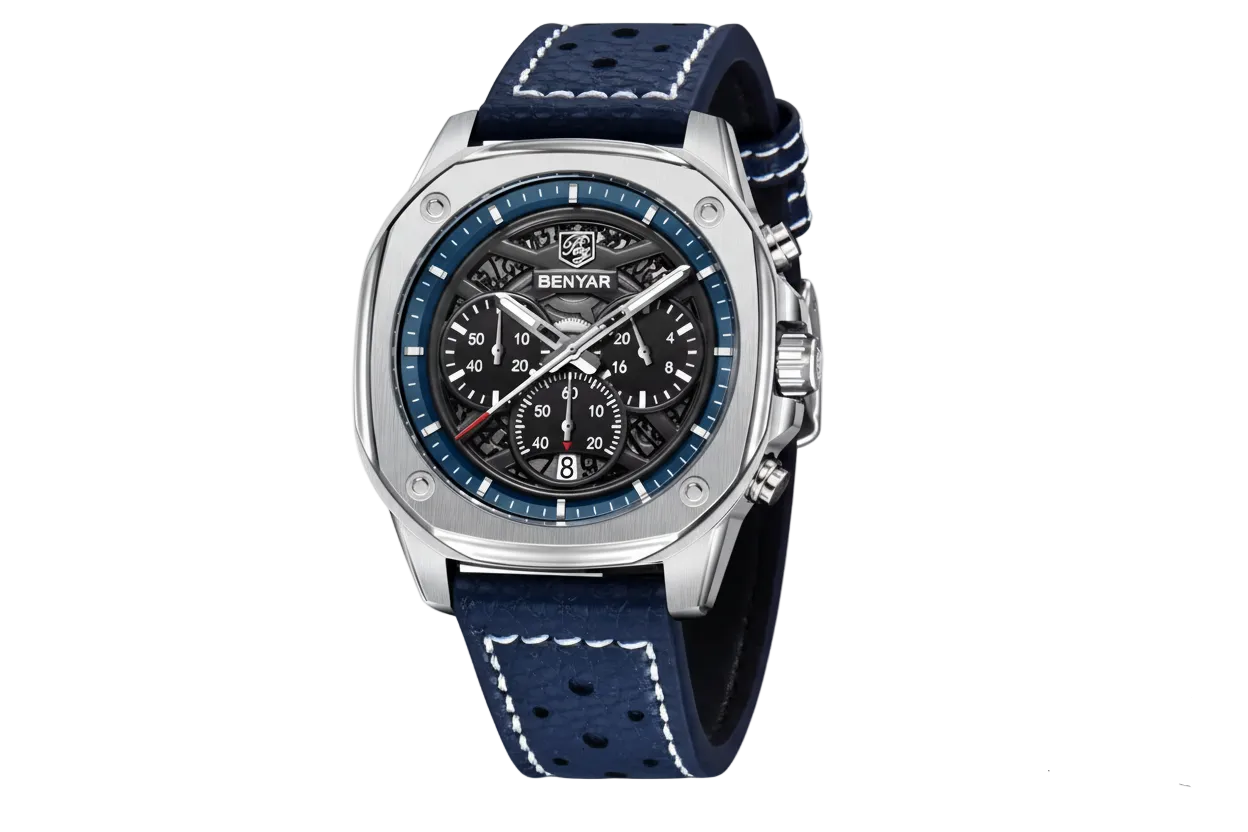 BENYAR BY-5222 retro quartz chronograph watch with black skeleton dial and blue leather strap