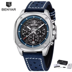 BENYAR BY-5222 retro quartz chronograph watch with black dial and blue leather strap with gift box