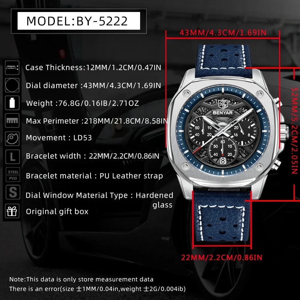 BENYAR BY-5222 retro quartz chronograph watch specifications graphic with dimensions and movement details