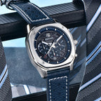 BENYAR BY-5222 retro quartz chronograph with blue skeleton dial and blue leather strap propped on tie