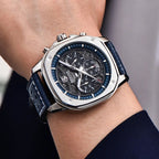 BENYAR BY-5222 retro quartz watch with blue skeleton dial and blue leather strap worn on wrist