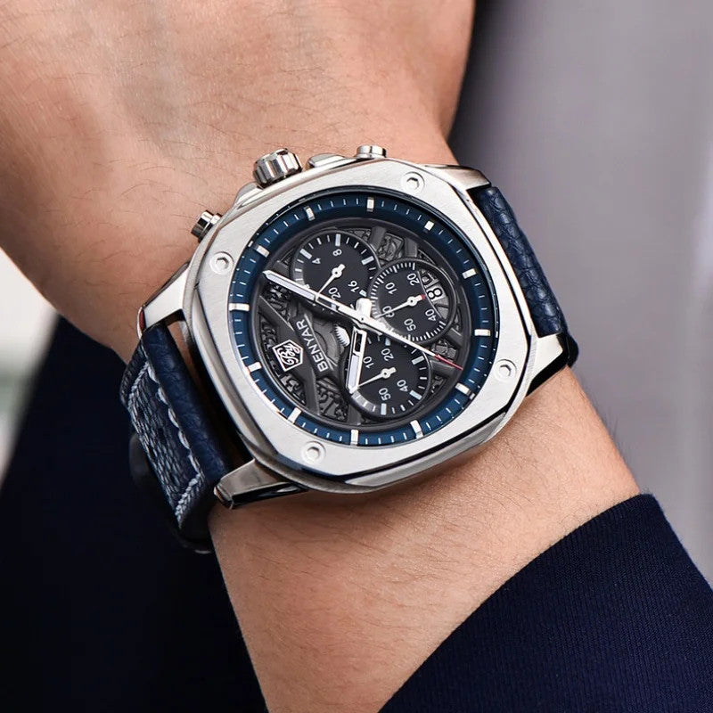 BENYAR BY-5222 retro quartz watch with blue skeleton dial and blue leather strap worn on wrist
