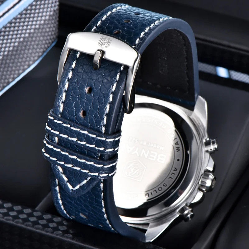BENYAR BY-5222 retro watch caseback engraving and pin buckle on blue leather strap