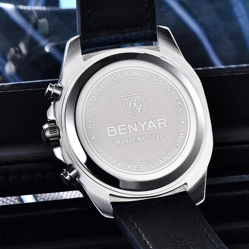 BENYAR BY-5222 retro quartz watch stainless steel caseback with model engraving and water resistance