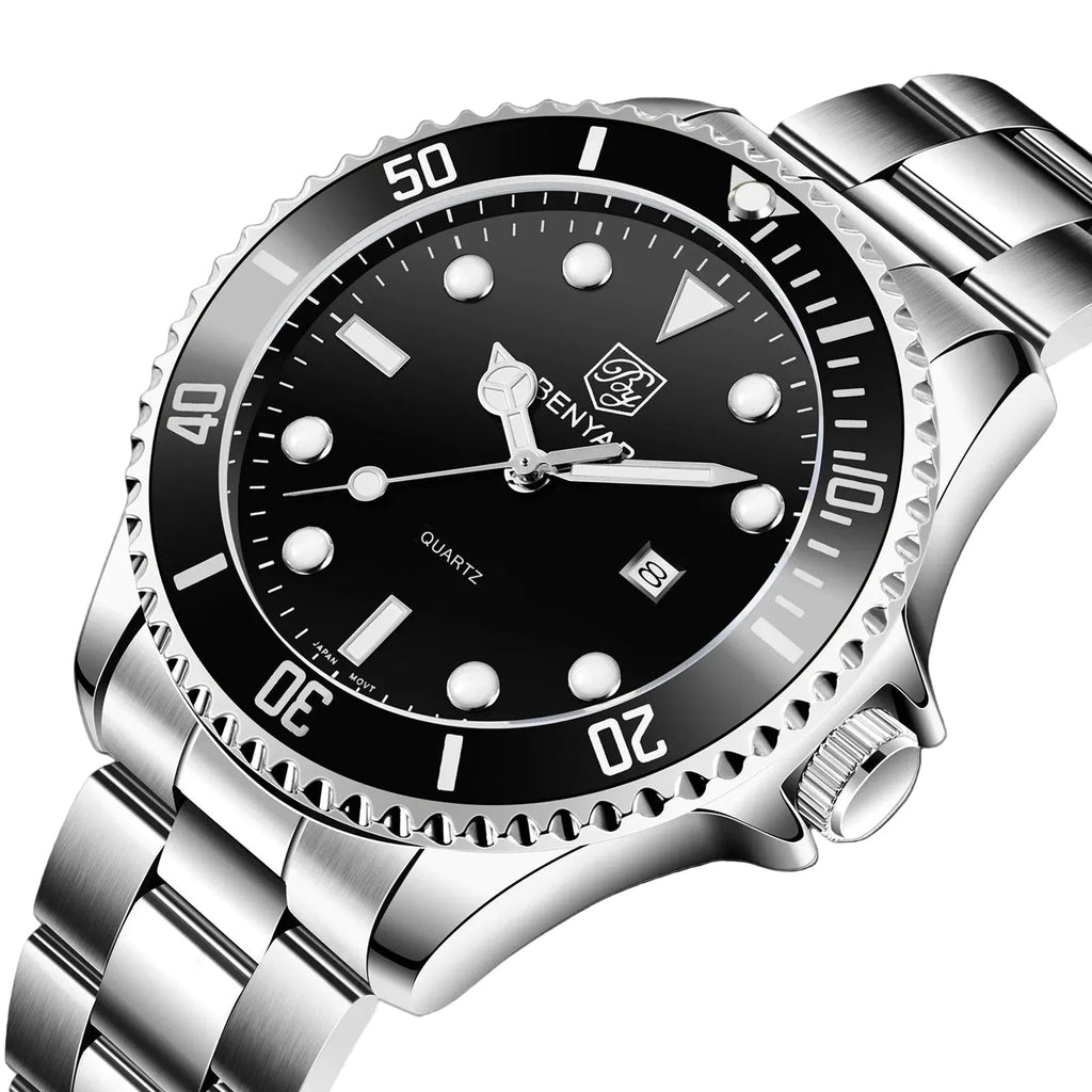 BENYAR BY-5223 quartz diver watch with black dial and steel bracelet angled view