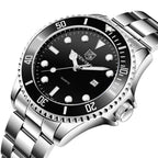 BENYAR BY-5223 quartz diver watch with black dial and steel bracelet angled view