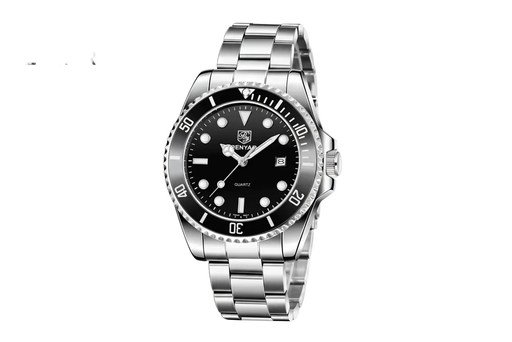 BENYAR BY-5223 quartz diver watch with black dial date window and steel bracelet front view