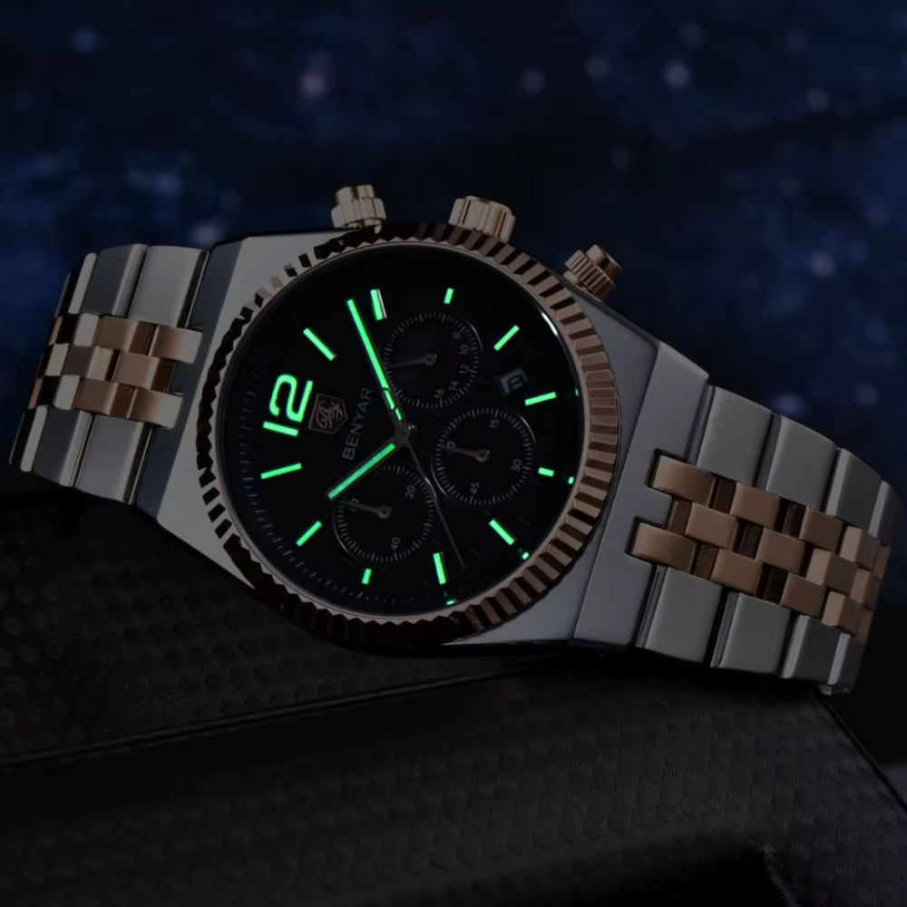 Benyar BY-5225M chronograph watch with black dial and green lume glow, front view