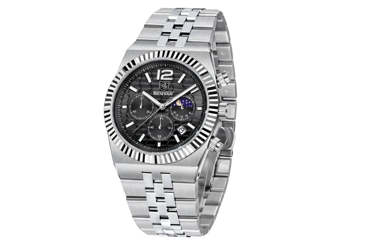 Benyar BY-5225M chronograph quartz watch with black dial and fluted bezel, side angle