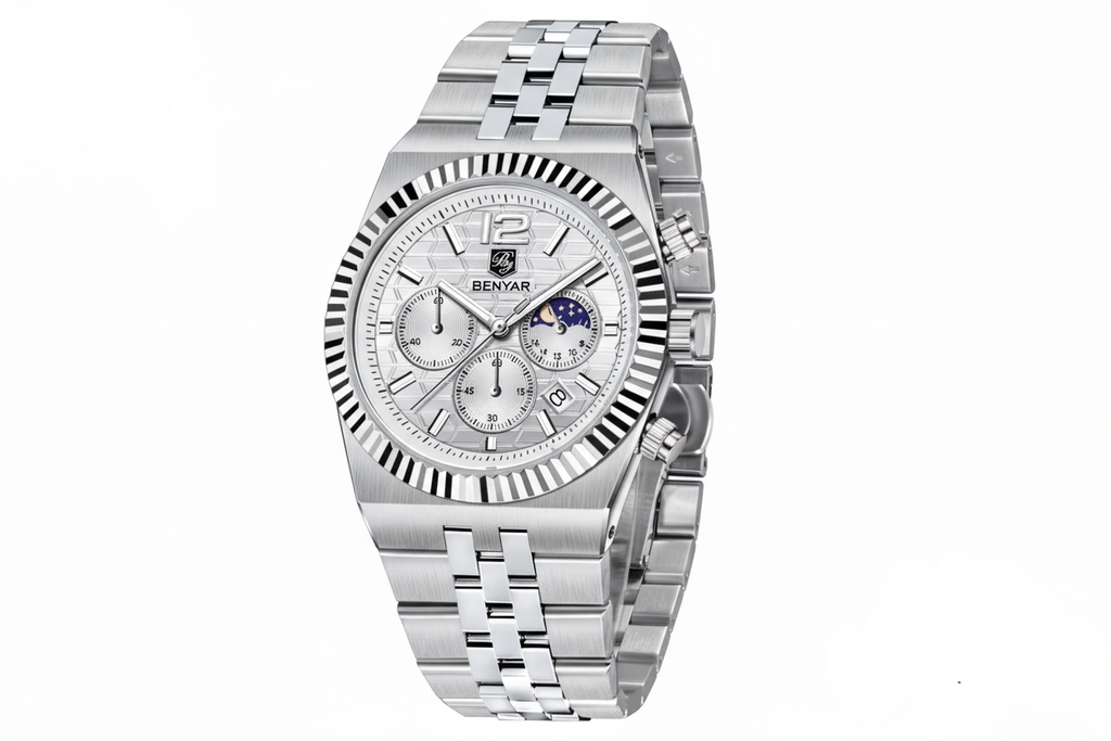 Benyar BY-5225M chronograph quartz watch with silver white dial and fluted bezel, side angle