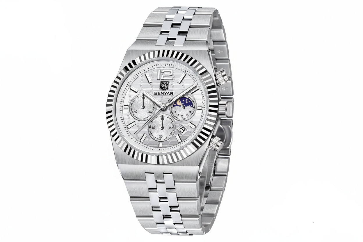 Benyar BY-5225M chronograph quartz watch with silver white dial and fluted bezel, side angle