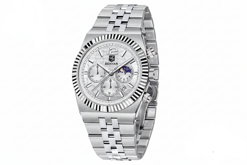 Benyar BY-5225M chronograph quartz watch with silver white dial and fluted bezel, side angle