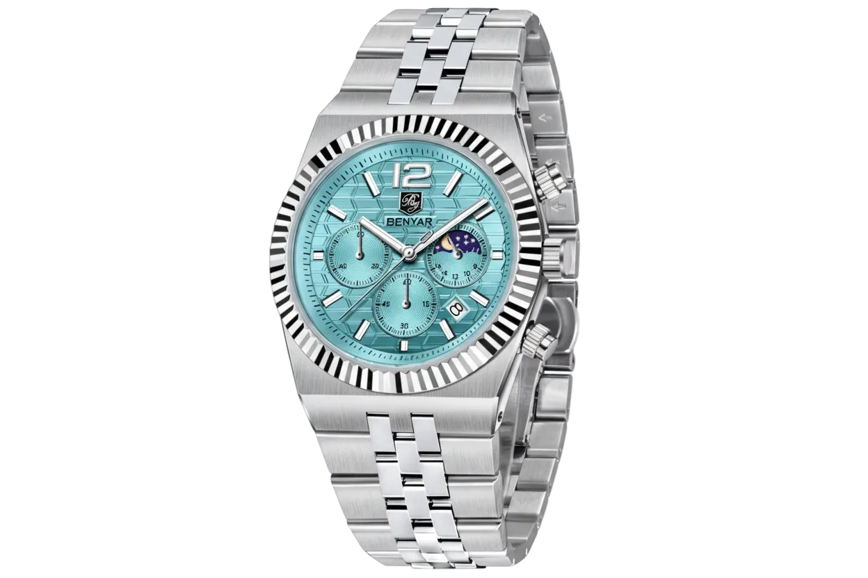 Benyar BY-5225M chronograph quartz watch with sky blue dial and fluted bezel, side view
