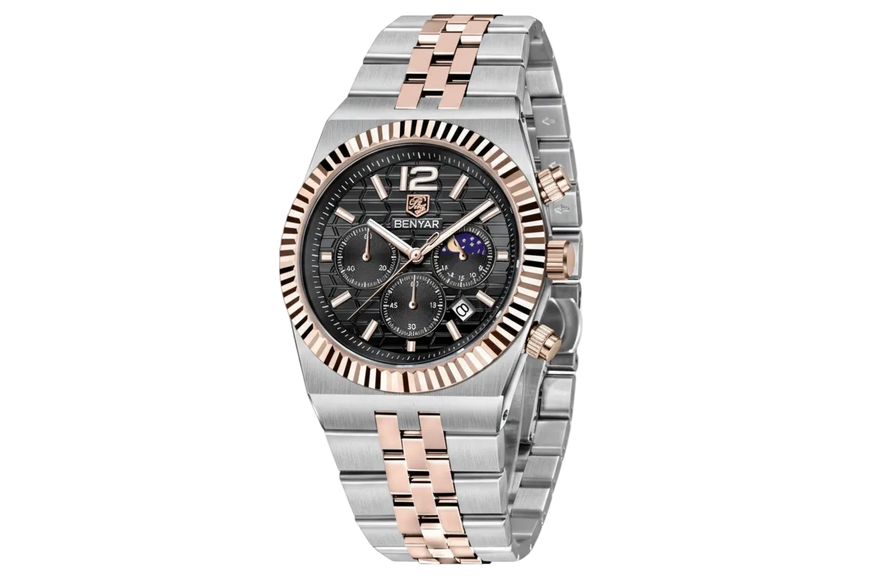 Benyar BY-5225M chronograph watch with black dial and two tone rose gold case, side angle
