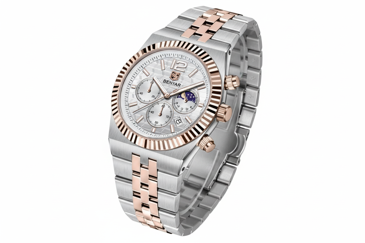 Benyar BY-5225M chronograph watch with silver dial and two tone rose gold case, side angle
